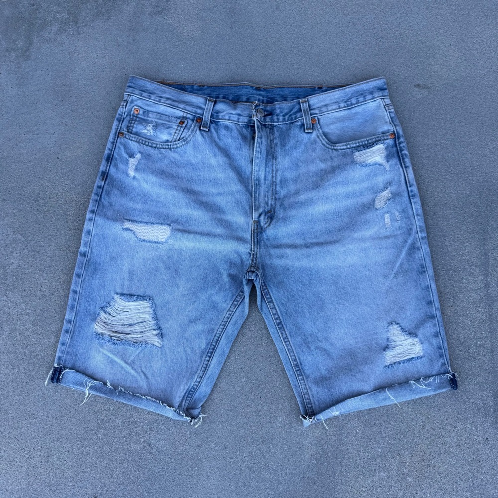 Levi's 412 Slim Fit Distressed Denim Shorts Light Wash Mens W40 Raw Hem